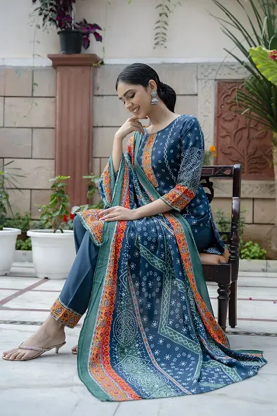 Stylish Viscose Rayon Straight Printed Kurta with Bottom and Dupatta Set