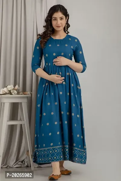 Elegant Teal Printed Rayon Maternity Kurta For Women-thumb3