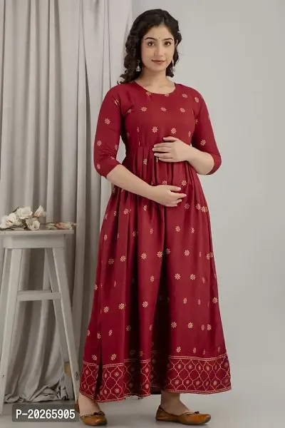 Elegant Maroon Printed Rayon Maternity Kurta For Women