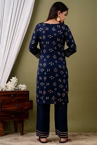 Elegant Blue Printed Viscose Rayon Kurta with Pant Set For Women-thumb1
