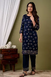 Elegant Blue Printed Viscose Rayon Kurta with Pant Set For Women-thumb4