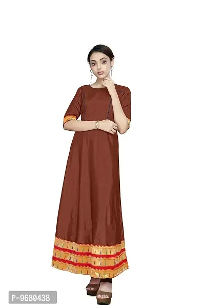Kitmist Women's Banarasi Silk Gown Model One Piece Maxi Long Dress Traditional Full Length Sungudi Anarkali Long Frock for Women Readymade Fullstitched Gown (Large(40"), Brown)-thumb3
