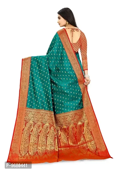 Kitmist Women's Banarasi Jacquard Silk Traditional Saree With Unstitched Blouse Piece Woven Saree (Rama)-thumb2