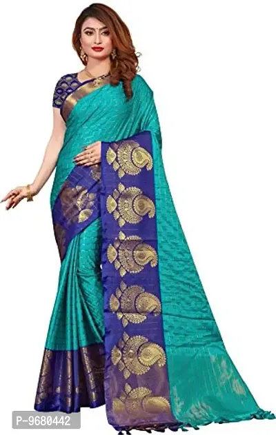 Kitmist Women's Banarasi Jacquard Silk Traditional Saree With Unstitched Blouse Piece Woven Sarees (Sky Blue)-thumb0