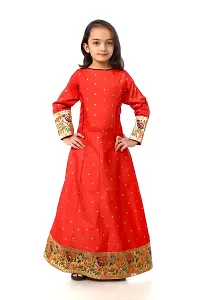 Kitmist Girl's Banarasi Silk Model Maxi Long Dress For Girls Traditional Full Length Anarkali Long Frock For Kids Fullstiched Gaun (3-4 Years (24"), Red)-thumb4