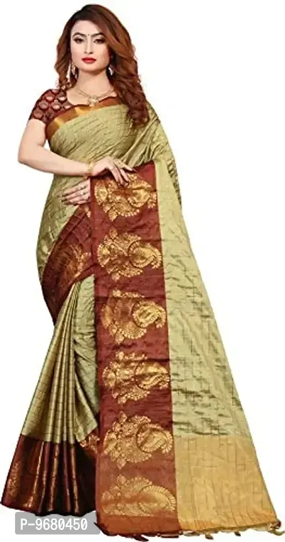 Kitmist Women's Banarasi Jacquard Silk Traditional Saree With Unstitched Blouse Piece Woven Sarees (Creme)