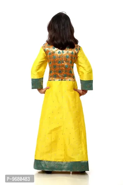 Kitmist Girl's Banarasi Silk Model Maxi Long Dress For Girls Traditional Full Length Anarkali Long Frock For Kids Fullstiched Gaun (3-4 Years (24""), Aureolin Yellow)-thumb2