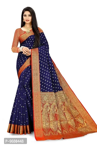 Kitmist Women's Banarasi Jacquard Silk Traditional Saree With Unstitched Blouse Piece Woven Saree (Navy Blue)-thumb0