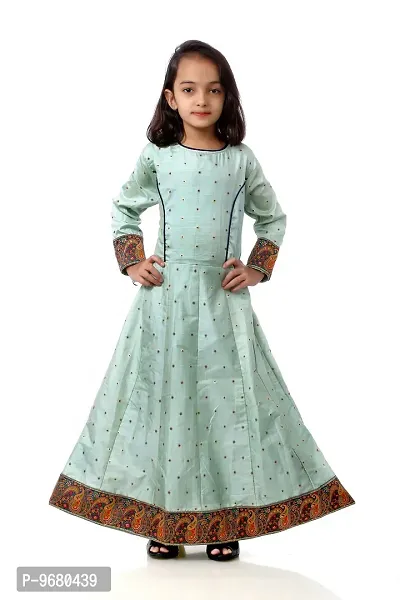 Kitmist Girl's Banarasi Silk Model Maxi Long Dress For Girls Traditional Full Length Anarkali Long Frock For Kids Fullstiched Gaun (1-2 Years (20""), Pistachio) (5-6 Years (26""), Pistachio)-thumb0