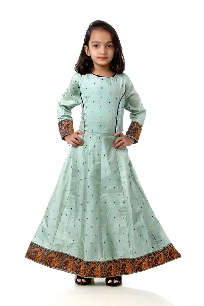 Kitmist Girl's Banarasi Silk Model Maxi Long Dress For Girls Traditional Full Length Anarkali Long Frock For Kids Fullstiched Gaun (1-2 Years (20""), Pistachio) (5-6 Years (26""), Pistachio)