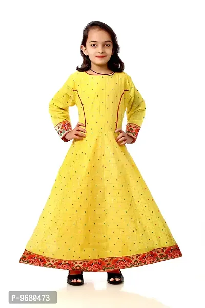 Kitmist Girl's Banarasi Silk Model Maxi Long Dress For Girls Traditional Full Length Anarkali Long Frock For Kids Fullstiched Gaun (1-2 Years (20""), Pistachio) (13-14 Years (34""), Titanium Yellow)