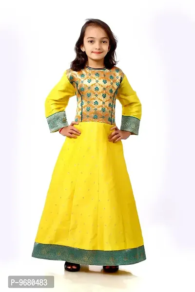 Kitmist Girl's Banarasi Silk Model Maxi Long Dress For Girls Traditional Full Length Anarkali Long Frock For Kids Fullstiched Gaun (3-4 Years (24""), Aureolin Yellow)-thumb5