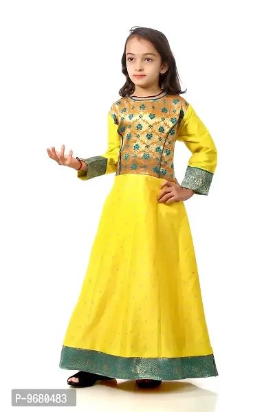 Kitmist Girl's Banarasi Silk Model Maxi Long Dress For Girls Traditional Full Length Anarkali Long Frock For Kids Fullstiched Gaun (3-4 Years (24""), Aureolin Yellow)-thumb3