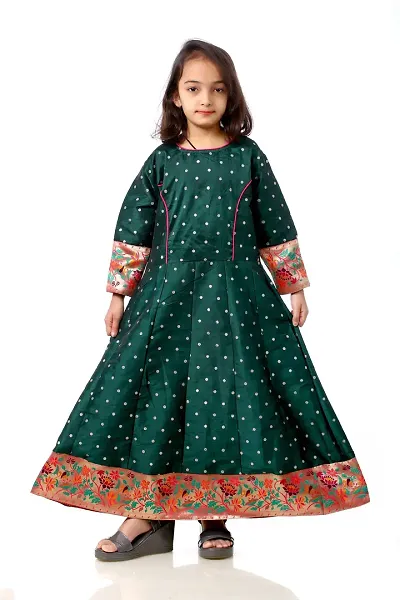 Kitmist Girl's Banarasi Silk Model Maxi Long Dress For Girls Traditional Full Length Anarkali Long Frock For Kids Fullstiched Gaun (1-2 Years (20"), Pistachio) (3-4 Years (24"), Bottle Green)