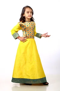 Kitmist Girl's Banarasi Silk Model Maxi Long Dress For Girls Traditional Full Length Anarkali Long Frock For Kids Fullstiched Gaun (3-4 Years (24""), Aureolin Yellow)-thumb3