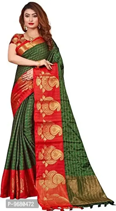 Kitmist Women's Banarasi Jacquard Silk Traditional Saree With Unstitched Blouse Piece Woven Sarees (Juniper Green)-thumb0