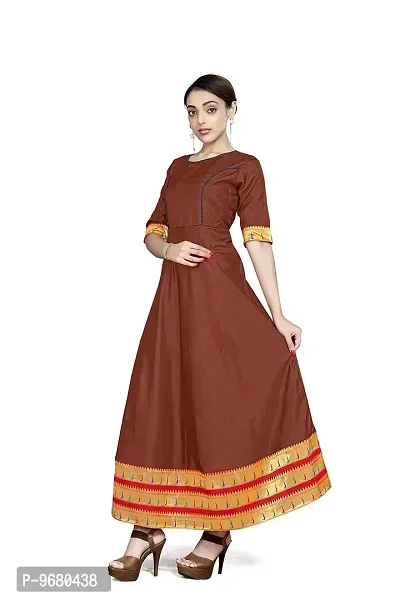 Kitmist Women's Banarasi Silk Gown Model One Piece Maxi Long Dress Traditional Full Length Sungudi Anarkali Long Frock for Women Readymade Fullstitched Gown (Large(40"), Brown)-thumb0