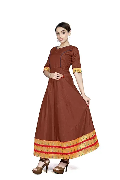 Kitmist Women's Banarasi Silk Gown Model One Piece Maxi Long Dress Traditional Full Length Sungudi Anarkali Long Frock for Women Readymade Fullstitched Gown (Large(40"), Brown)