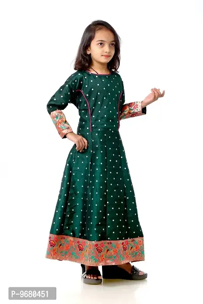 Kitmist Girl's Banarasi Silk Model Maxi Long Dress For Girls Traditional Full Length Anarkali Long Frock For Kids Fullstiched Gaun (1-2 Years (20"), Pistachio) (3-4 Years (24"), Bottle Green)-thumb4