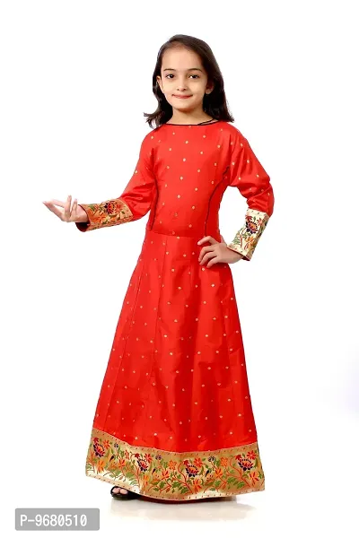 Kitmist Girl's Banarasi Silk Model Maxi Long Dress For Girls Traditional Full Length Anarkali Long Frock For Kids Fullstiched Gaun (3-4 Years (24"), Red)-thumb3