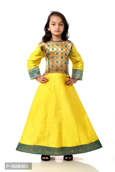 Kitmist Girl's Banarasi Silk Model Maxi Long Dress For Girls Traditional Full Length Anarkali Long Frock For Kids Fullstiched Gaun (3-4 Years (24""), Aureolin Yellow)-thumb0