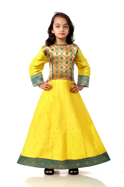 Kitmist Girl's Banarasi Silk Model Maxi Long Dress For Girls Traditional Full Length Anarkali Long Frock For Kids Fullstiched Gaun (3-4 Years (24""), Aureolin Yellow)