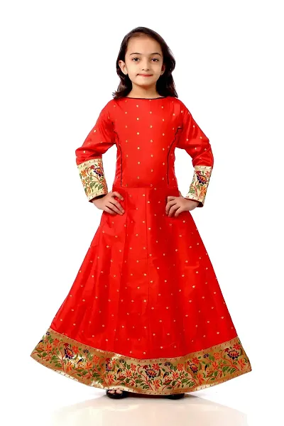 Kitmist Girl's Banarasi Silk Model Maxi Long Dress For Girls Traditional Full Length Anarkali Long Frock For Kids Fullstiched Gaun (3-4 Years (24"), Red)