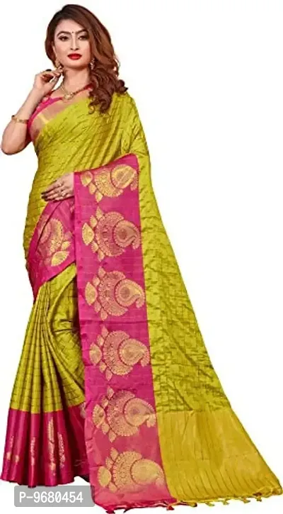 Kitmist Women's Banarasi Jacquard Silk Traditional Saree With Unstitched Blouse Piece Woven Sarees (Lemon Yellow)