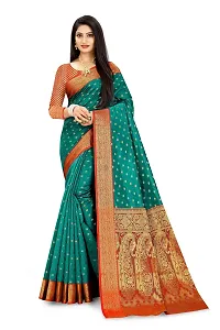 Kitmist Women's Banarasi Jacquard Silk Traditional Saree With Unstitched Blouse Piece Woven Saree (Rama)-thumb3