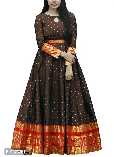 Mohtarma Womens Gown Banarasi Silk Model Maxi Long Dress for Girls Traditional Full Length Anarkali Long Frock for Women Fullstiched Gaun-thumb0