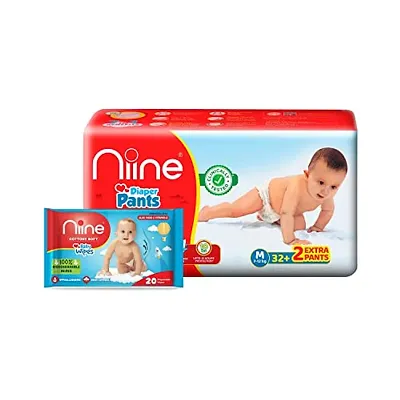 Niine Combo of Baby Diaper Pants Medium (M) Size (7-12 KG) 34 Pants and 20 Biodegradable Baby Wipes