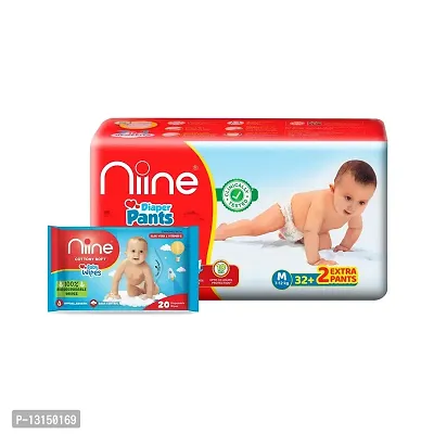Niine Combo of Baby Diaper Pants Medium (M) Size (7-12 KG) 34 Pants and 20 Biodegradable Baby Wipes-thumb0