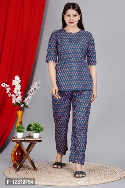 Elegant Blue Rayon Printed Night Suits For Women-thumb0