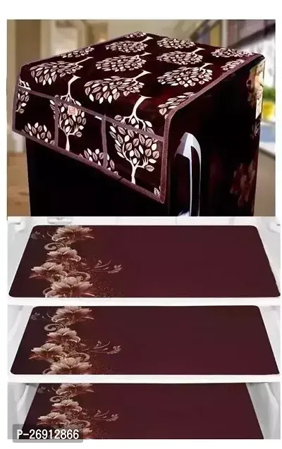 Designer Purple Polyester Blend Printed Combo Pack Of 1 Fridge Top Cover 3 Fridge Mats