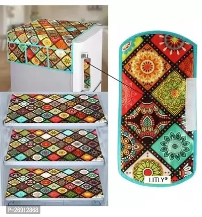 Designer Multicoloured Polyester Blend Printed Combo Pack Of 1 Fridge Top Cover 3 Fridge Mats And 1 Handle Cover-thumb0