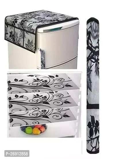 Designer Grey Polyester Blend Printed Combo Pack Of 1 Fridge Top Cover 3 Fridge Mats And 1 Handle Cover