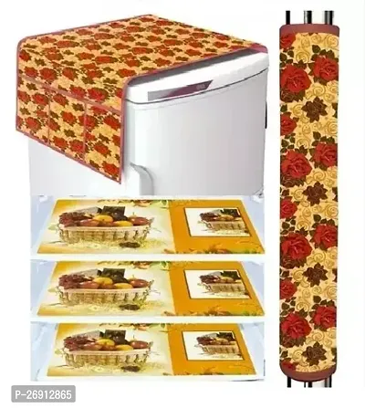 Designer Yellow Polyester Blend Printed Combo Pack Of 1 Fridge Top Cover 3 Fridge Mats And 1 Handle Cover-thumb0