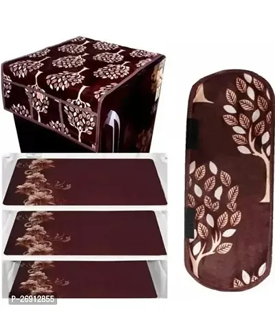 Designer Maroon Polyester Blend Printed Combo Pack Of 1 Fridge Top Cover 3 Fridge Mats And 1 Handle Cover-thumb0