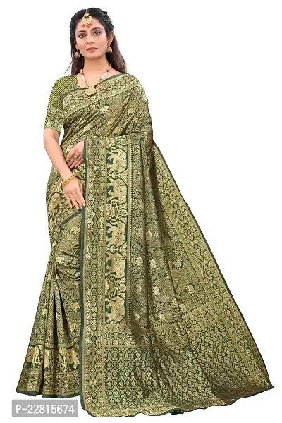 Stylish Green Silk Blend Saree With Blouse Piece For Women-thumb0