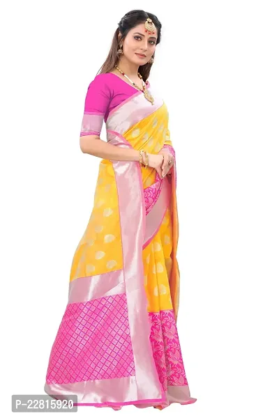 Stylish Yellow Silk Blend Saree With Blouse Piece For Women-thumb3