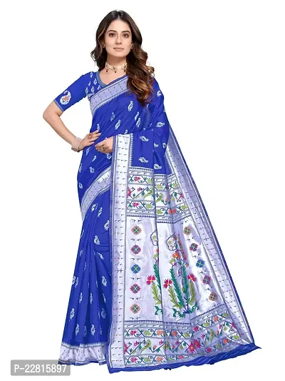 Stylish Blue Silk Blend Saree With Blouse Piece For Women
