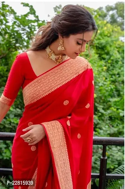 Stylish Red Silk Blend Saree With Blouse Piece For Women-thumb2