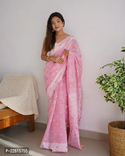 Stylish Pink Cotton Saree With Blouse Piece For Women