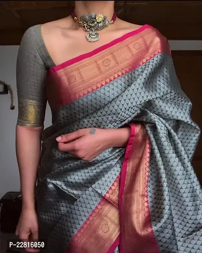 Stylish Grey Silk Blend Saree With Blouse Piece For Women-thumb0