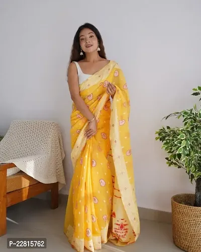 Stylish Yellow Cotton Saree With Blouse Piece For Women-thumb0