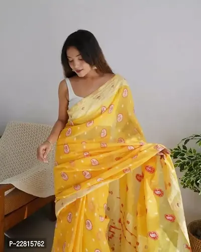 Stylish Yellow Cotton Saree With Blouse Piece For Women-thumb2