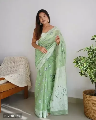 Stylish Parrot Green Cotton Saree With Blouse Piece For Women