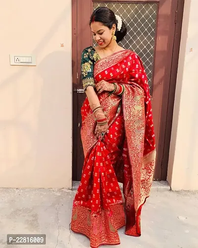 Stylish Red Silk Blend Saree With Blouse Piece For Women