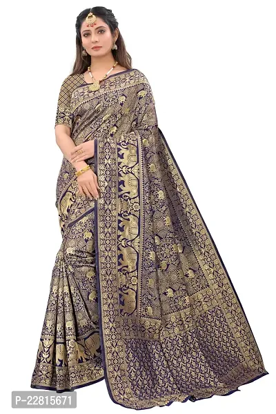 Stylish Blue Silk Blend Saree With Blouse Piece For Women-thumb0