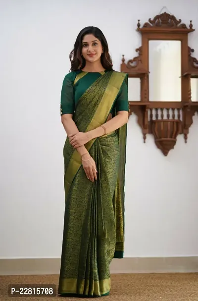 Stylish Dark Green Silk Blend Saree With Blouse Piece For Women